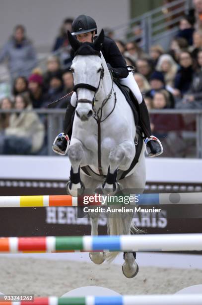 Margaux Bost of France on As de Papignies competes during the Saut Hermes at Le Grand Palais on March 18, 2018 in Paris, France.