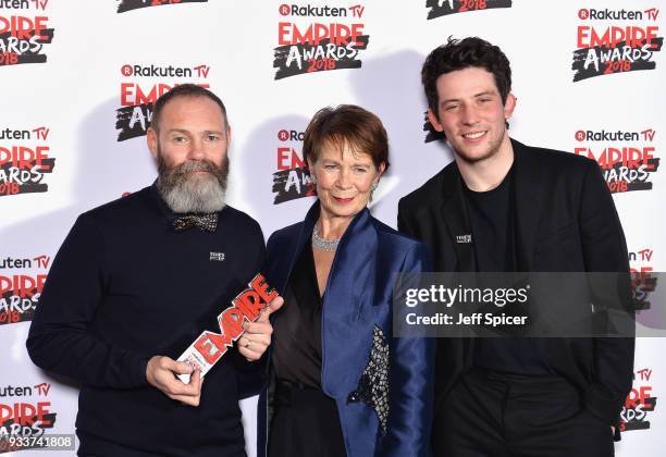 Director Francis Lee and actor Josh O'Connor , winners of the Best British Film award for 'God's Own Country', pose with actress Celia Imrie in the...