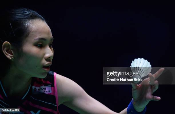 Tai Tzu Ying of Taiwan competes against Akane Yamaguchi of Japan on day five of the Yonex All England Open Badminton Championships at Arena...