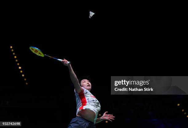 Akane Yamaguchi competes against Tai Tzu Ying of Taiwan of Japan on day five of the Yonex All England Open Badminton Championships at Arena...