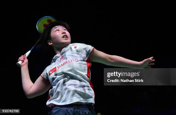 Akane Yamaguchi competes against Tai Tzu Ying of Taiwan of Japan on day five of the Yonex All England Open Badminton Championships at Arena...