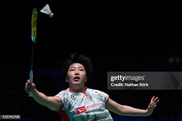 Akane Yamaguchi competes against Tai Tzu Ying of Taiwan of Japan on day five of the Yonex All England Open Badminton Championships at Arena...