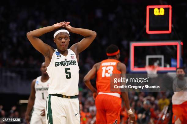 Cassius Winston of the Michigan State Spartans reacts after being defeated by the Syracuse Orange 55-53 in the second round of the 2018 NCAA Men's...
