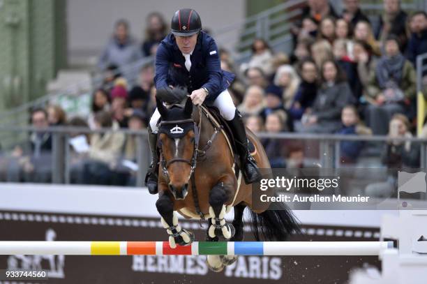 Michael Whitaker of Great Britain on JB's Hot Stuff competes during the Saut Hermes at Le Grand Palais on March 18, 2018 in Paris, France.