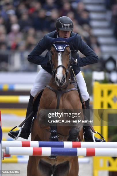 Gregory Wathelet of Belgium on Iphigeneia de Muze competes during the Saut Hermes at Le Grand Palais on March 18, 2018 in Paris, France.