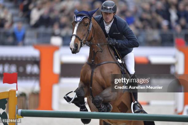 Gregory Wathelet of Belgium on Iphigeneia de Muze competes during the Saut Hermes at Le Grand Palais on March 18, 2018 in Paris, France.