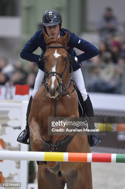 Julien Epaillard of France on Usual Suspect d Auge competes during the Saut Hermes at Le Grand Palais on March 18, 2018 in Paris, France.
