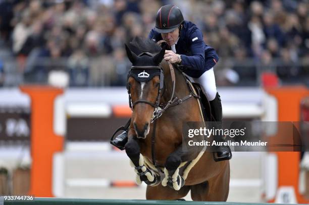 Michael Whitaker of Great Britain on JB's Hot Stuff competes during the Saut Hermes at Le Grand Palais on March 18, 2018 in Paris, France.