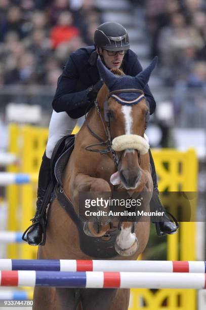 Nathan Budd of Belgium on Cadix Des Rosiers competes during the Saut Hermes at Le Grand Palais on March 18, 2018 in Paris, France.