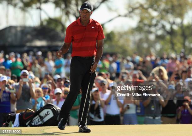 Tiger Woods reacts to his birdie putt on the 13th hole during the final round at the Arnold Palmer Invitational Presented By MasterCard at Bay Hill...