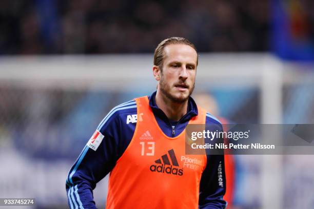 Jonas Olsson of Djurgardens IF ahead of the Swedish Cup Semifinal between AIK and Djurgardens IF at Friends arena on March 18, 2018 in Solna, Sweden.