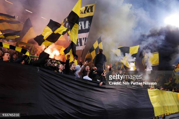 Fans of AIK during the Swedish Cup Semifinal between AIK and Djurgardens IF at Friends arena on March 18, 2018 in Solna, Sweden.