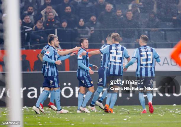 Kerim Mrbati of Djurgardens IF celebrates after scoring to 0-2 during the Swedish Cup Semifinal between AIK and Djurgardens IF at Friends arena on...