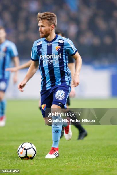Jacob Une Larsson of Djurgardens IF during the Swedish Cup Semifinal between AIK and Djurgardens IF at Friends arena on March 18, 2018 in Solna,...