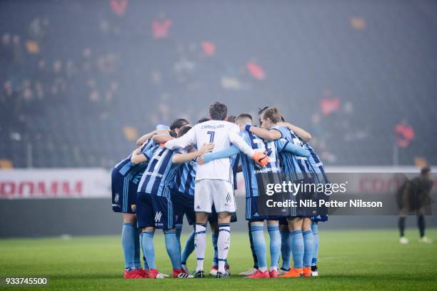 Players of Djurgardens IF ahead of the Swedish Cup Semifinal between AIK and Djurgardens IF at Friends arena on March 18, 2018 in Solna, Sweden.