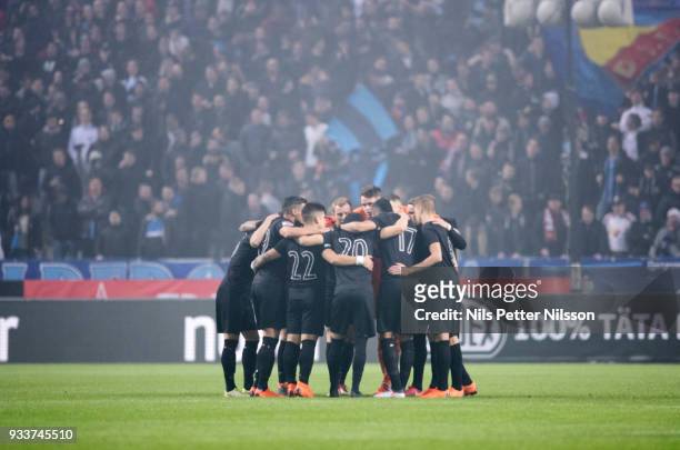 Players of AIK ahead of the Swedish Cup Semifinal between AIK and Djurgardens IF at Friends arena on March 18, 2018 in Solna, Sweden.