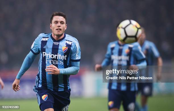 Kerim Mrbati of Djurgardens IF during the Swedish Cup Semifinal between AIK and Djurgardens IF at Friends arena on March 18, 2018 in Solna, Sweden.