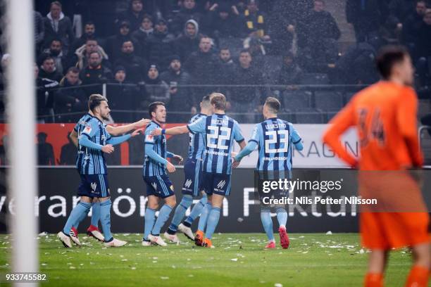 Kerim Mrbati of Djurgardens IF celebrates after scoring to 0-2 during the Swedish Cup Semifinal between AIK and Djurgardens IF at Friends arena on...