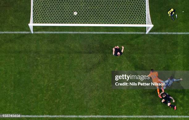 Kerim Mrbati of Djurgardens IF scores the decisive goal to 0-2 during the Swedish Cup Semifinal between AIK and Djurgardens IF at Friends arena on...