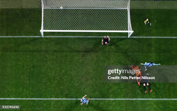 Kerim Mrbati of Djurgardens IF scores the decisive goal to 0-2 during the Swedish Cup Semifinal between AIK and Djurgardens IF at Friends arena on...