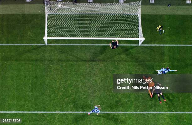 Kerim Mrbati of Djurgardens IF scores the decisive goal to 0-2 during the Swedish Cup Semifinal between AIK and Djurgardens IF at Friends arena on...