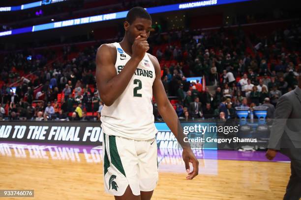 Jaren Jackson Jr. #2 of the Michigan State Spartans reacts after being defeated by the Syracuse Orange 55-53 in the second round of the 2018 NCAA...