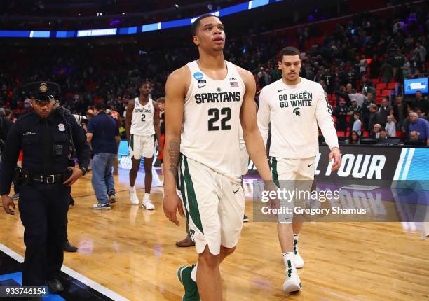 Miles Bridges of the Michigan State Spartans reacts after being defeated by the Syracuse Orange 55-53 in the second round of the 2018 NCAA Men's...