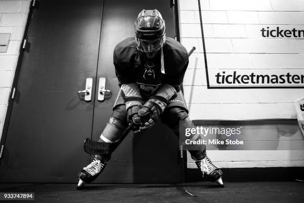 Ryan Pulock of the New York Islanders prepares for a game against the Carolina Hurricanes at Barclays Center on March 18, 2018 in New York City.