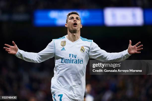 Cristiano Ronaldo of Real Madrid CF celebrates scoring their second goal during the La Liga match between Real Madrid CF and Girona FC at Estadio...