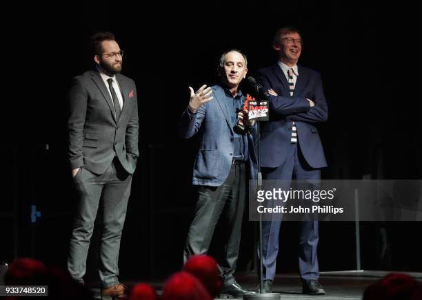 Screenwriter Peter Fellows, actor Armando Iannucci and producer Kevin Loader receive the award for Best Comedy for 'Death of Stalin', on stage during...