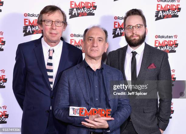 Producer Kevin Loader, actor Armando Iannucci and screenwriter Peter Fellows, winners of the award for Best Comedy for 'Death of Stalin', pose in the...