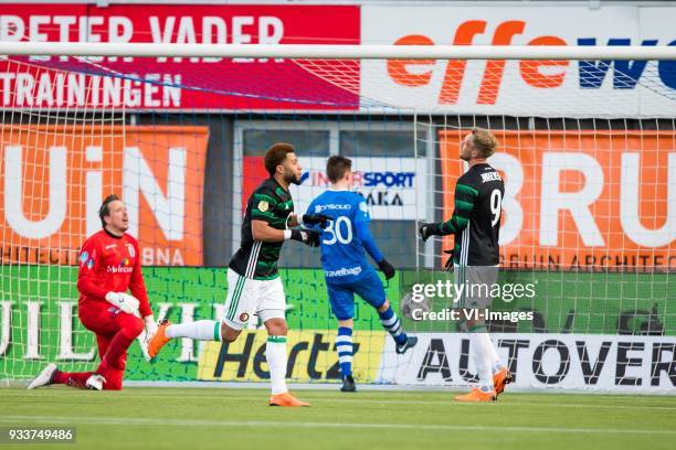 Goalkeeper Diederik Boer of PEC Zwolle, Karim El Ahmadi of Feyenoord, Ryan Thomas of PEC Zwolle, Nicolai Jorgensen of Feyenoord during the Dutch...