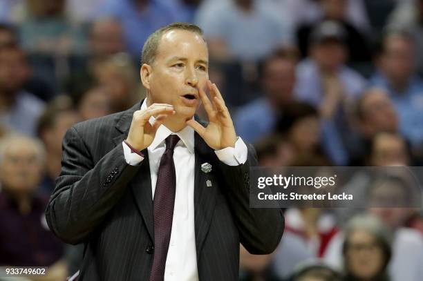 Head coach Billy Kennedy of the Texas A&M Aggies calls to his players against the North Carolina Tar Heels during the second round of the 2018 NCAA...