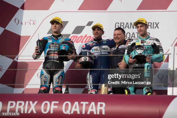 Aron Canet of Spain and Estrella Galicia 0,0 Honda, Jorge Martin of Spain and Del Conca Gresini Moto3 Honda and Lorenzo Dalla Porta of Italy and...