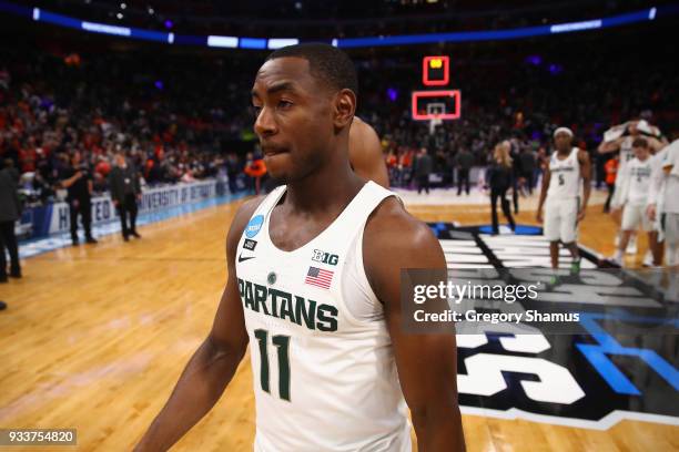 Lourawls Nairn Jr. #11 of the Michigan State Spartans walks off the court after being defeated by the Syracuse Orange 55-53 in the second round of...