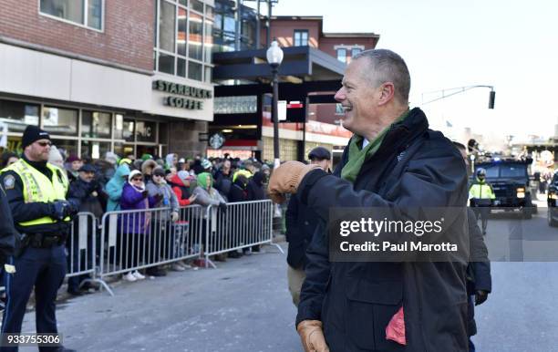 Massachusetts Governor Charlie Baker takes part in the 117th Annual St Patrick's Day Parade on March 18, 2018 in Boston, Massachusetts.