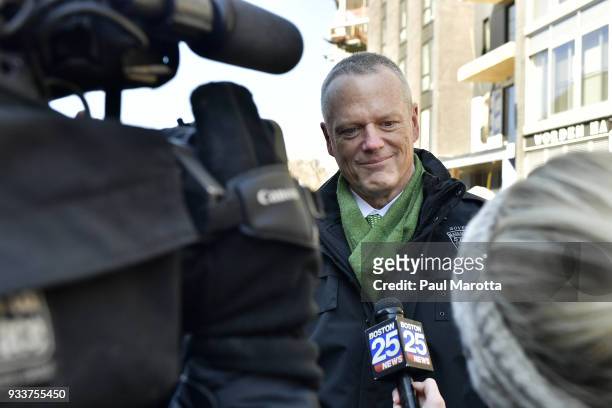 Massachusetts Governor Charlie Baker takes part in the 117th Annual St Patrick's Day Parade on March 18, 2018 in Boston, Massachusetts.