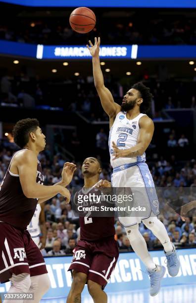 Joel Berry II of the North Carolina Tar Heels shoots over the Texas A&M Aggies during the second round of the 2018 NCAA Men's Basketball Tournament...