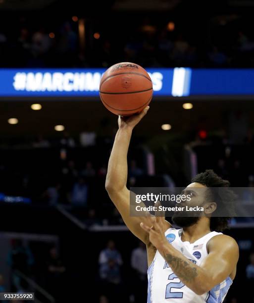 Joel Berry II of the North Carolina Tar Heels shoots over the Texas A&M Aggies during the second round of the 2018 NCAA Men's Basketball Tournament...