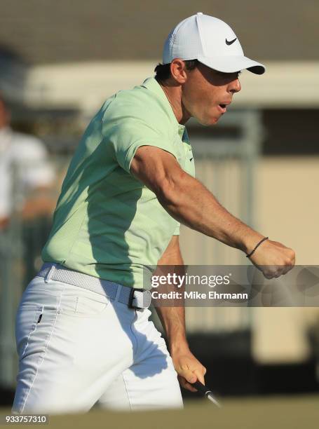 Rory McIlroy of Northern Ireland reacts to his biride putt on the 15th green during the final round at the Arnold Palmer Invitational Presented By...