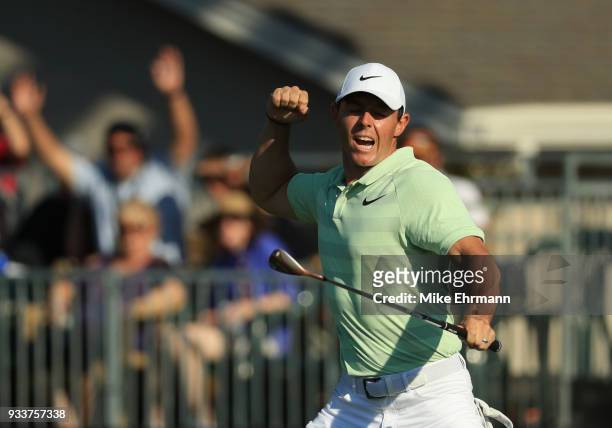 Rory McIlroy of Northern Ireland reacts to his biride putt on the 15th green during the final round at the Arnold Palmer Invitational Presented By...