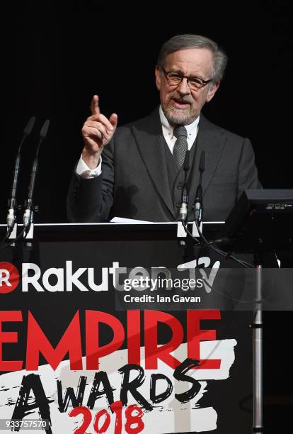 Director Steven Spielberg, winner of the EMPIRE Legend Of Our Lifetime award, on stage during the Rakuten TV EMPIRE Awards 2018 at The Roundhouse on...