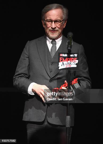 Director Steven Spielberg, winner of the EMPIRE Legend Of Our Lifetime award, on stage during the Rakuten TV EMPIRE Awards 2018 at The Roundhouse on...