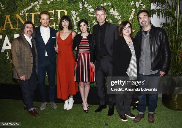 Executive producer Ronald D. Moore, actors Sam Heughan and Caitriona Balfe, executive producer Maril Davis, production designer Jon Gary Steele and...