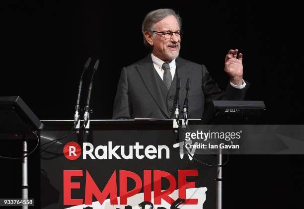 Director Steven Spielberg, wins the EMPIRE Legend Of Our Lifetime award, during the Rakuten TV EMPIRE Awards 2018 at The Roundhouse on March 18, 2018...
