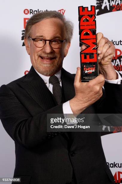 Director Steven Spielberg, winner of the EMPIRE Legend Of Our Lifetime award, poses in the winners room at the Rakuten TV EMPIRE Awards 2018 at The...