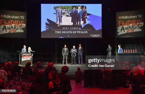 Screenwriter Peter Fellows, actor Armando Iannucci and producer Kevin Loader receive the award for Best Comedy for 'Death of Stalin', on stage during...