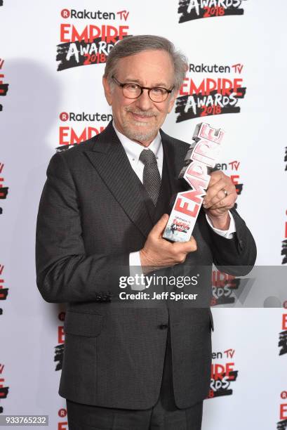 Director Steven Spielberg, winner of the EMPIRE Legend Of Our Lifetime award, poses in the winners room at the Rakuten TV EMPIRE Awards 2018 at The...