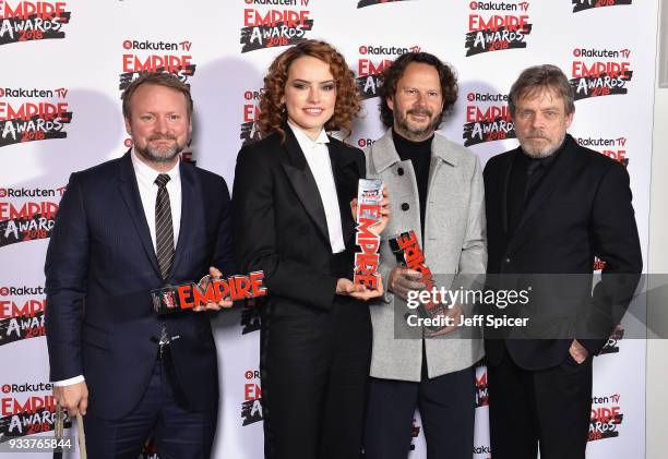 Director Rian Johnson, winner of the Best Director award, actress Daisy Ridley, winner of the Best Actress award, Ram Bergman winner of the Best Film...
