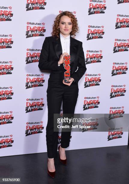 Actress Daisy Ridley, winner of the Best Actress award, poses in the winners room at the Rakuten TV EMPIRE Awards 2018 at The Roundhouse on March 18,...